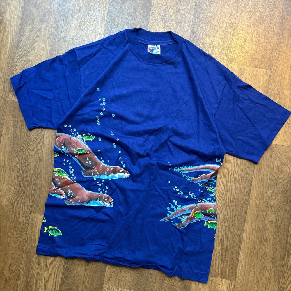 Vtg 1990's Hanes Beefy-T Single Stitch Double Sided River Otter Graphic T Shirt